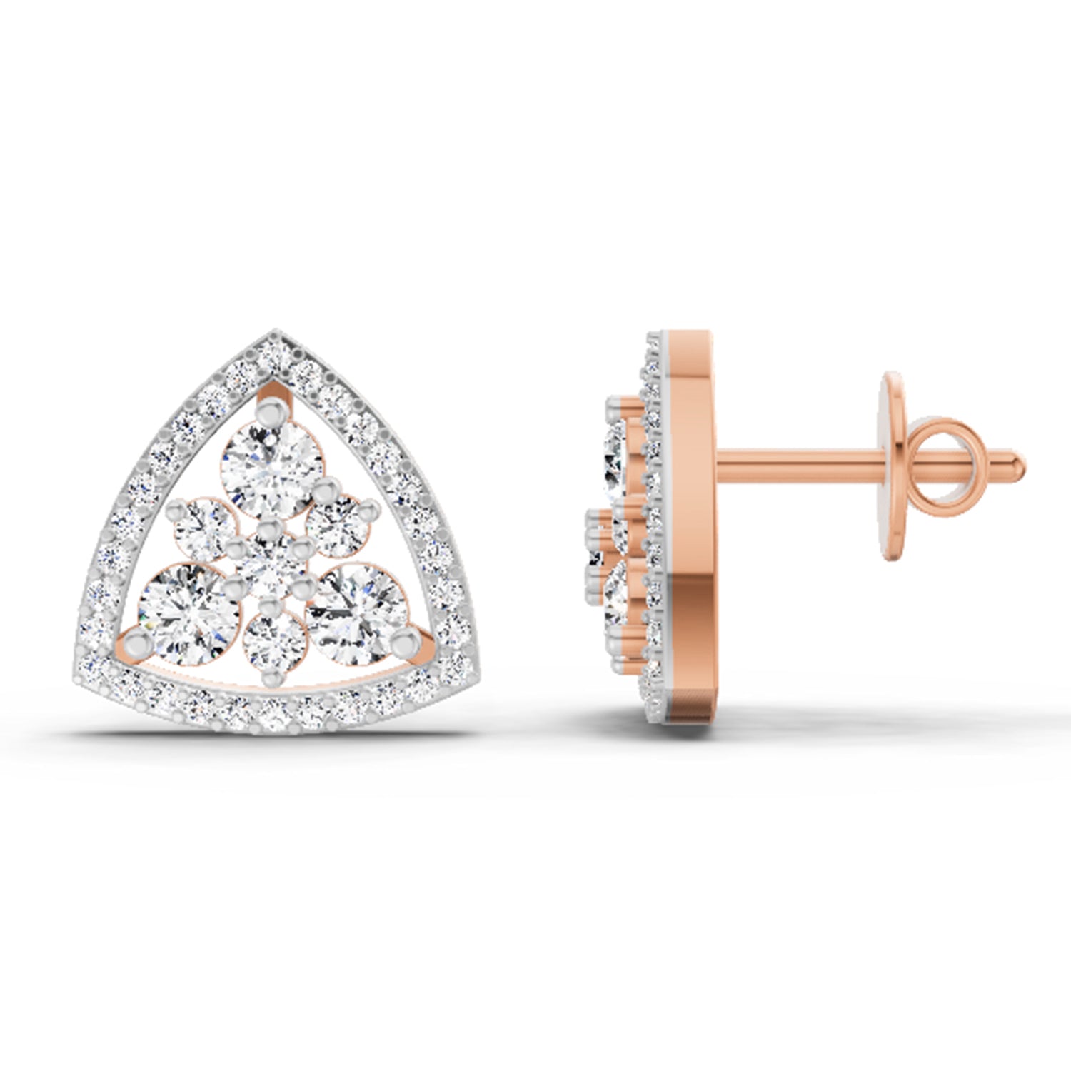 0.77 Ct Round Triangle Halo Stud Earrings |  14K Rose Gold