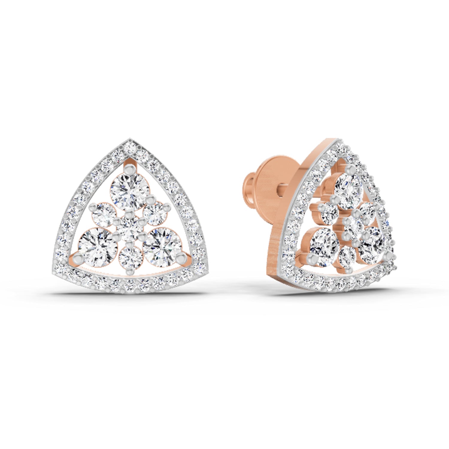 0.77 Ct Round Triangle Halo Stud Earrings |  14K Rose Gold