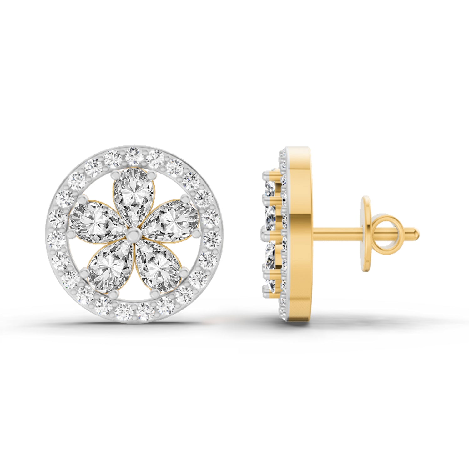 1.46 Ct Pear Flower Halo Stud Earrings |  14K Yellow Gold