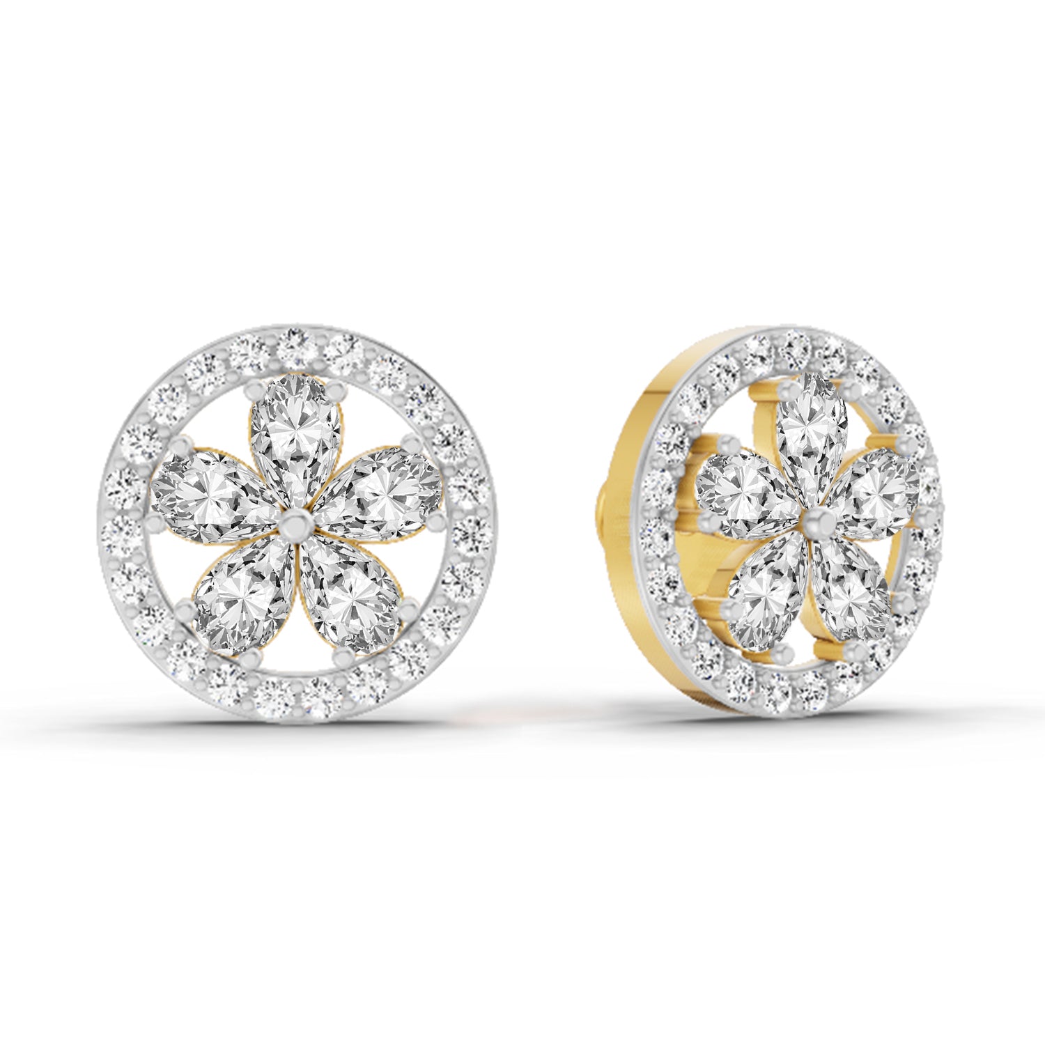 1.46 Ct Pear Flower Halo Stud Earrings |  14K Yellow Gold