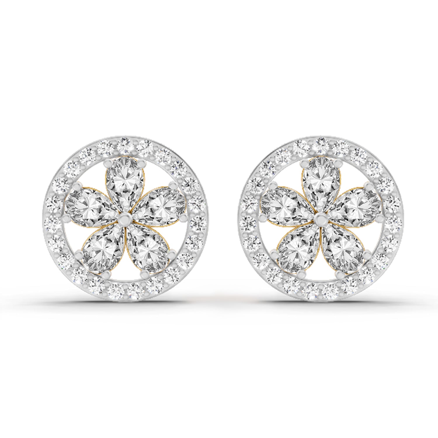 1.46 Ct Pear Flower Halo Stud Earrings |  14K Yellow Gold