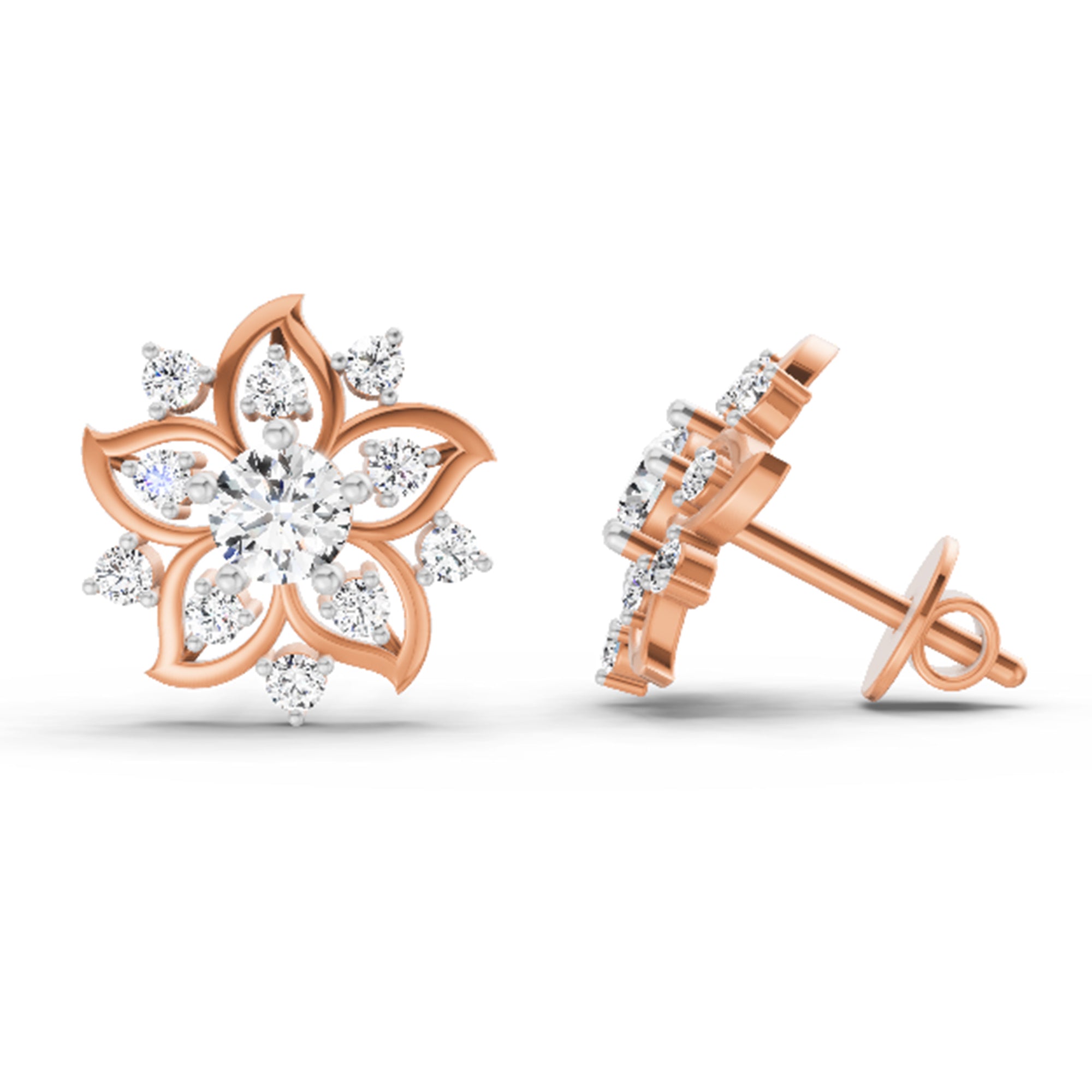0.91 Ct Round Flower Stud Earrings |  14K Rose Gold
