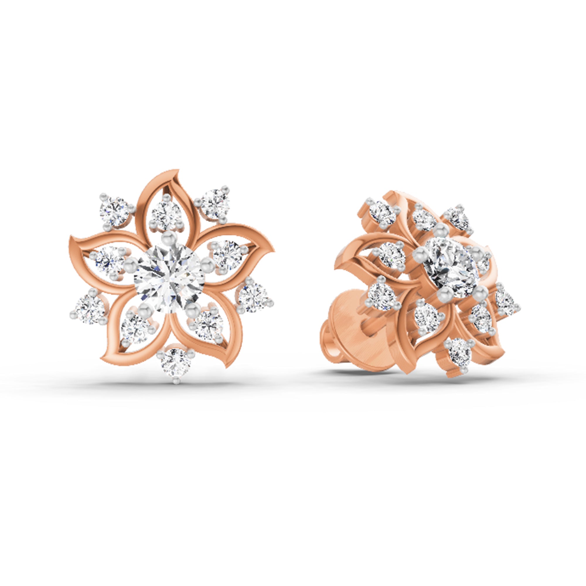 0.91 Ct Round Flower Stud Earrings |  14K Rose Gold