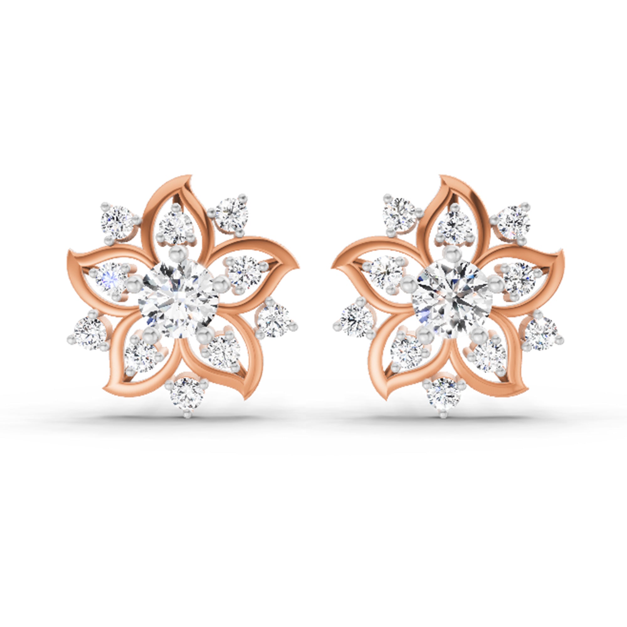 0.91 Ct Round Flower Stud Earrings |  14K Rose Gold