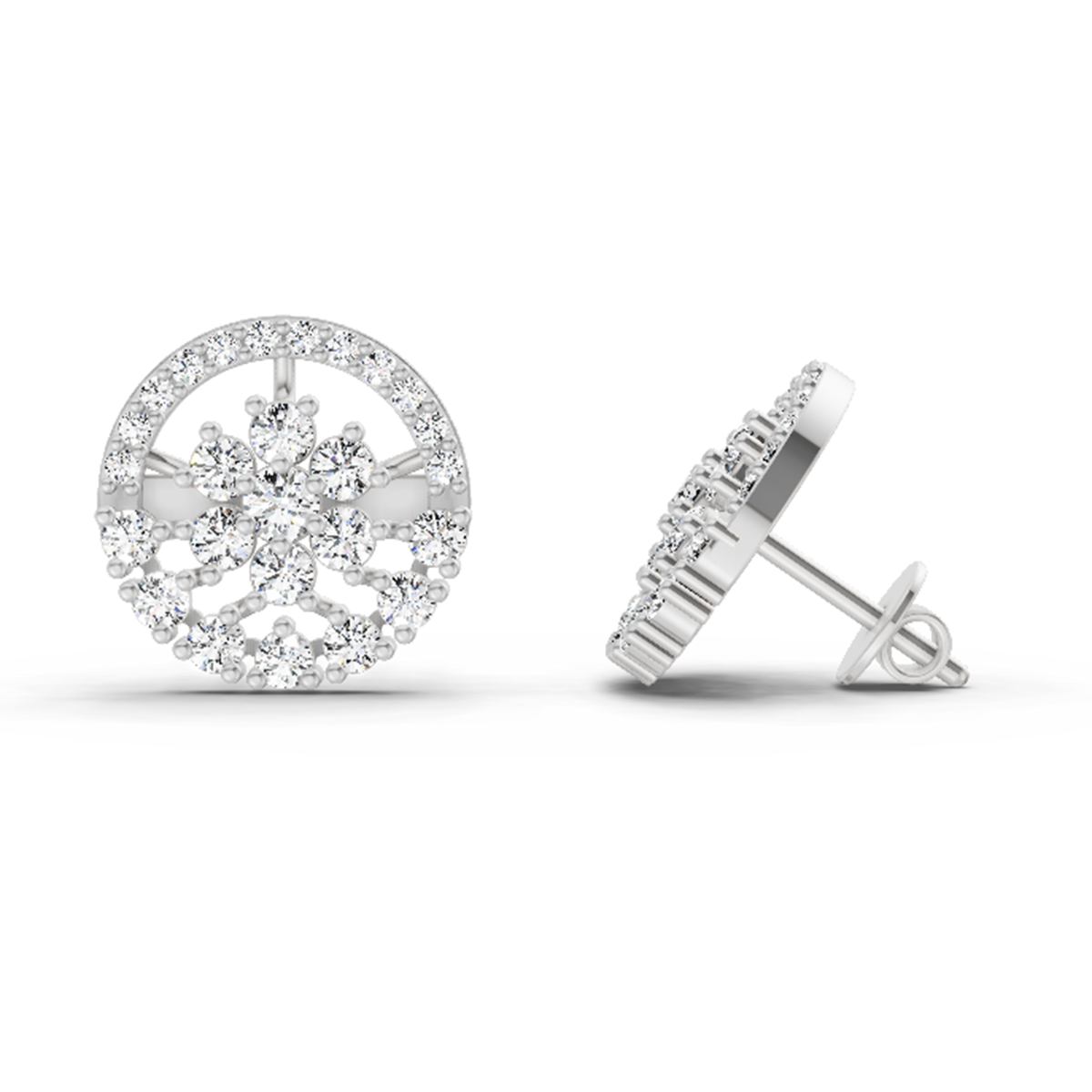 1.28 Ct Round Floral Halo Stud Earrings | 14K White Gold