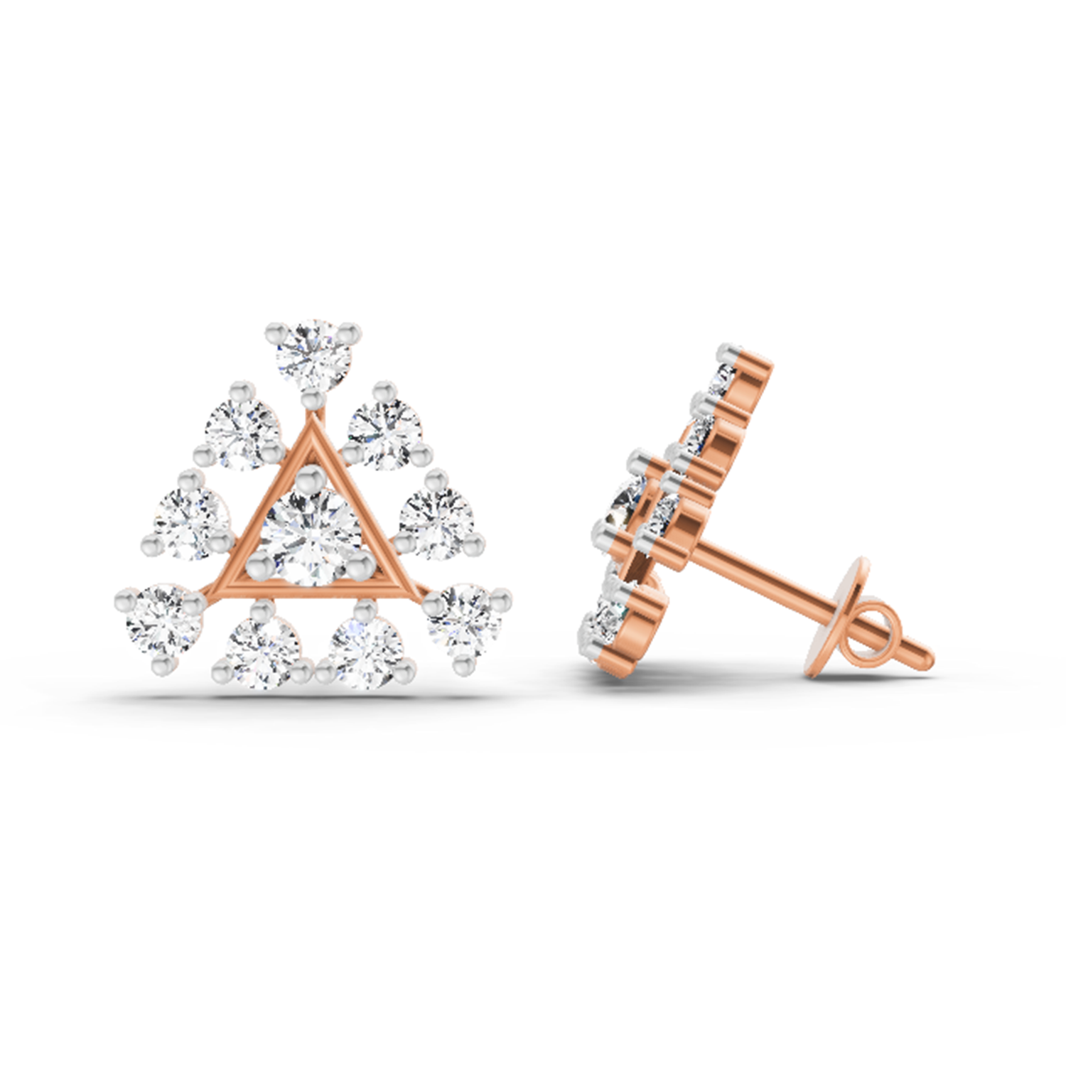 0.91 Ct Round Triangle Stud Earrings | 14K Rose Gold  FG VS Quality Diamonds