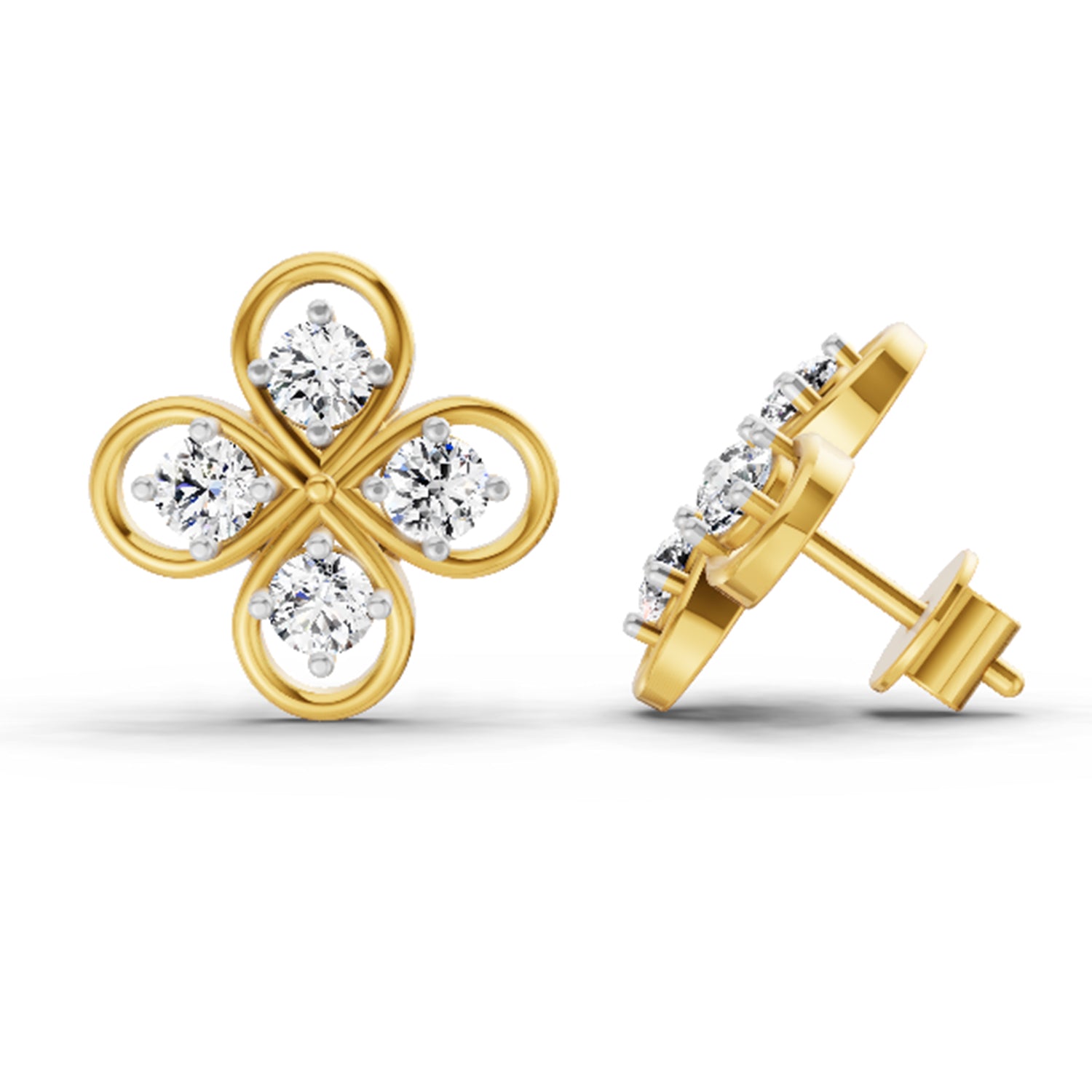 0.85 Ct Round Clover Stud Earrings | 14K Yellow Gold  FG VS Quality Diamonds