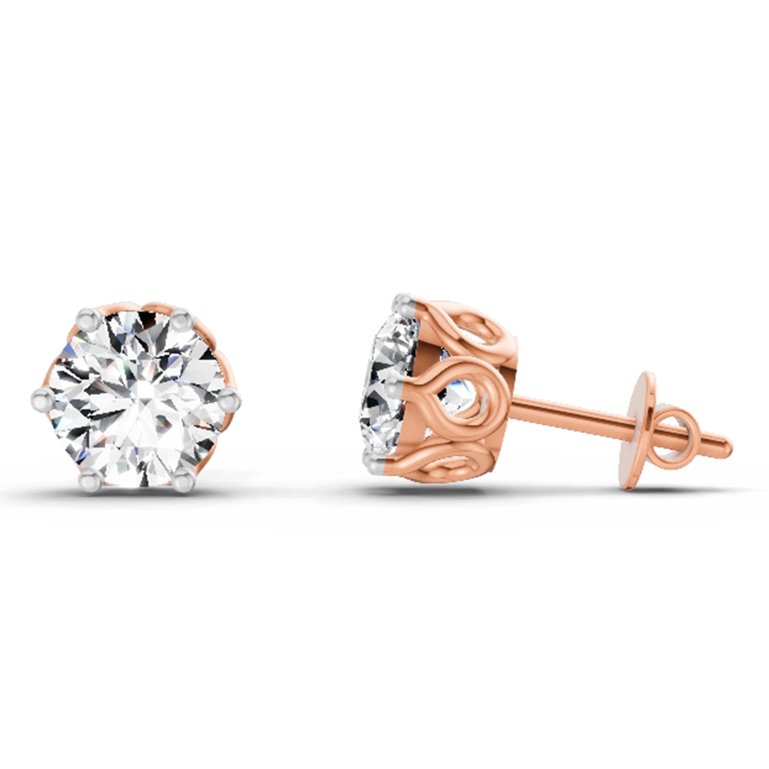 2.28 Ct Round Shape 6 Prong Solitaire Diamond Stud Earrings | 14K Rose Gold