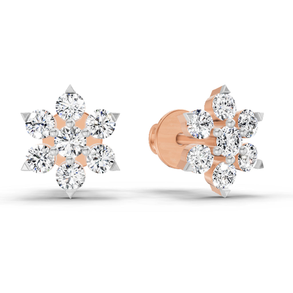 0.98 Ct  Round Shape Diamond Floral Cluster Stud Earrings | 14K Rose Gold