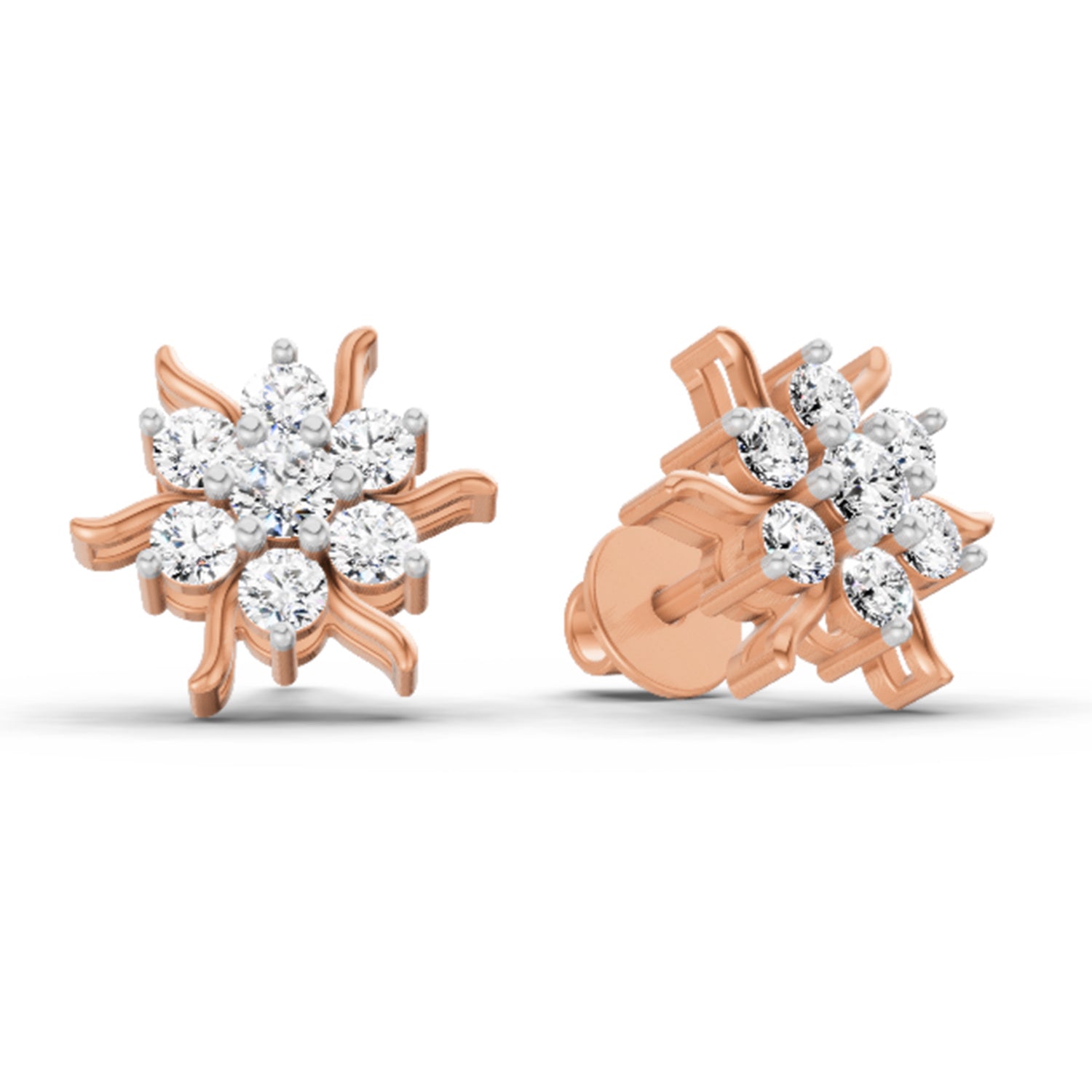 0.92 Ct  Round Shape Diamond Floral Cluster Stud Earrings | 14K Rose Gold