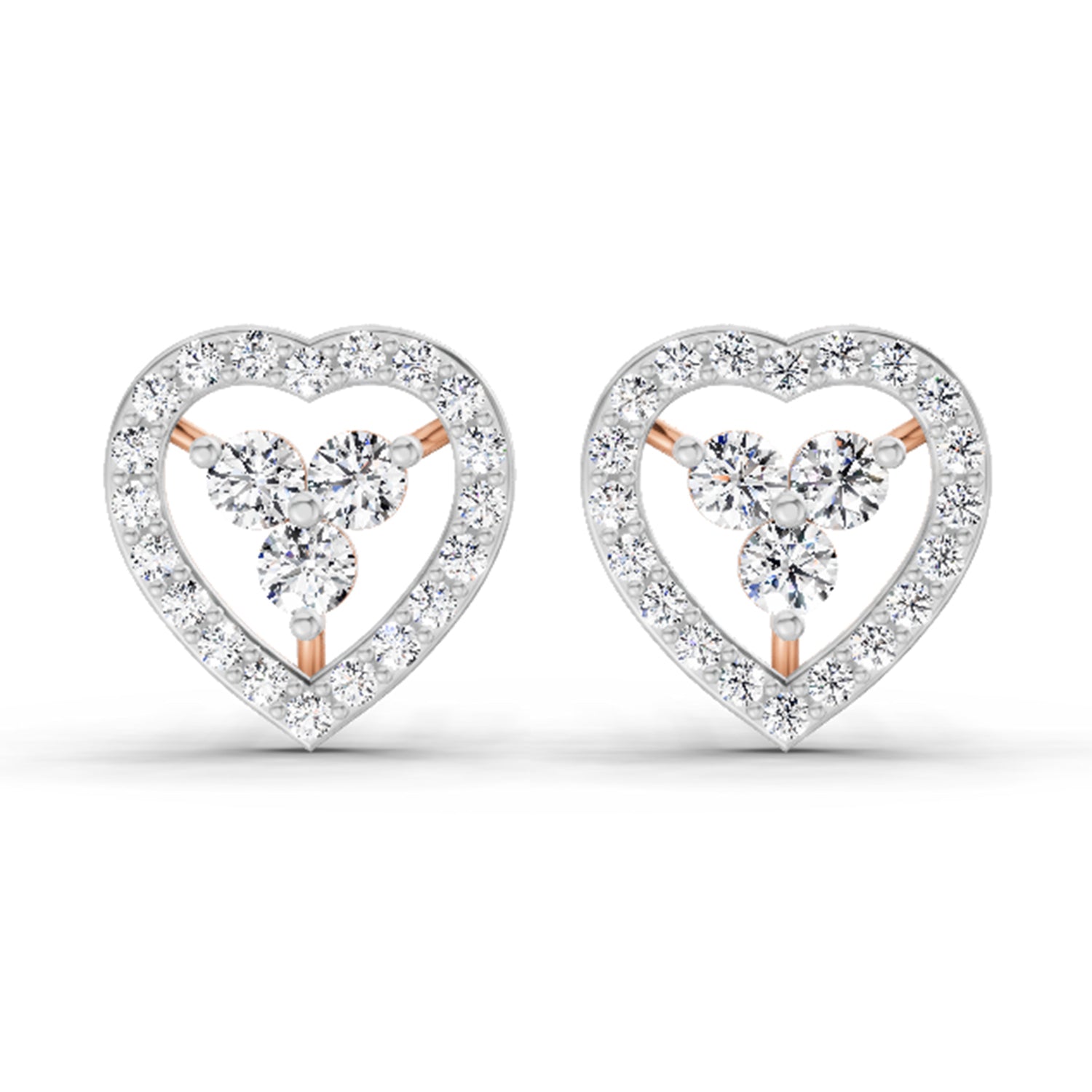 0.63 Ct  Heart Shape 3 Stone Round Shape Diamond Stud Earrings | 14K Rose Gold