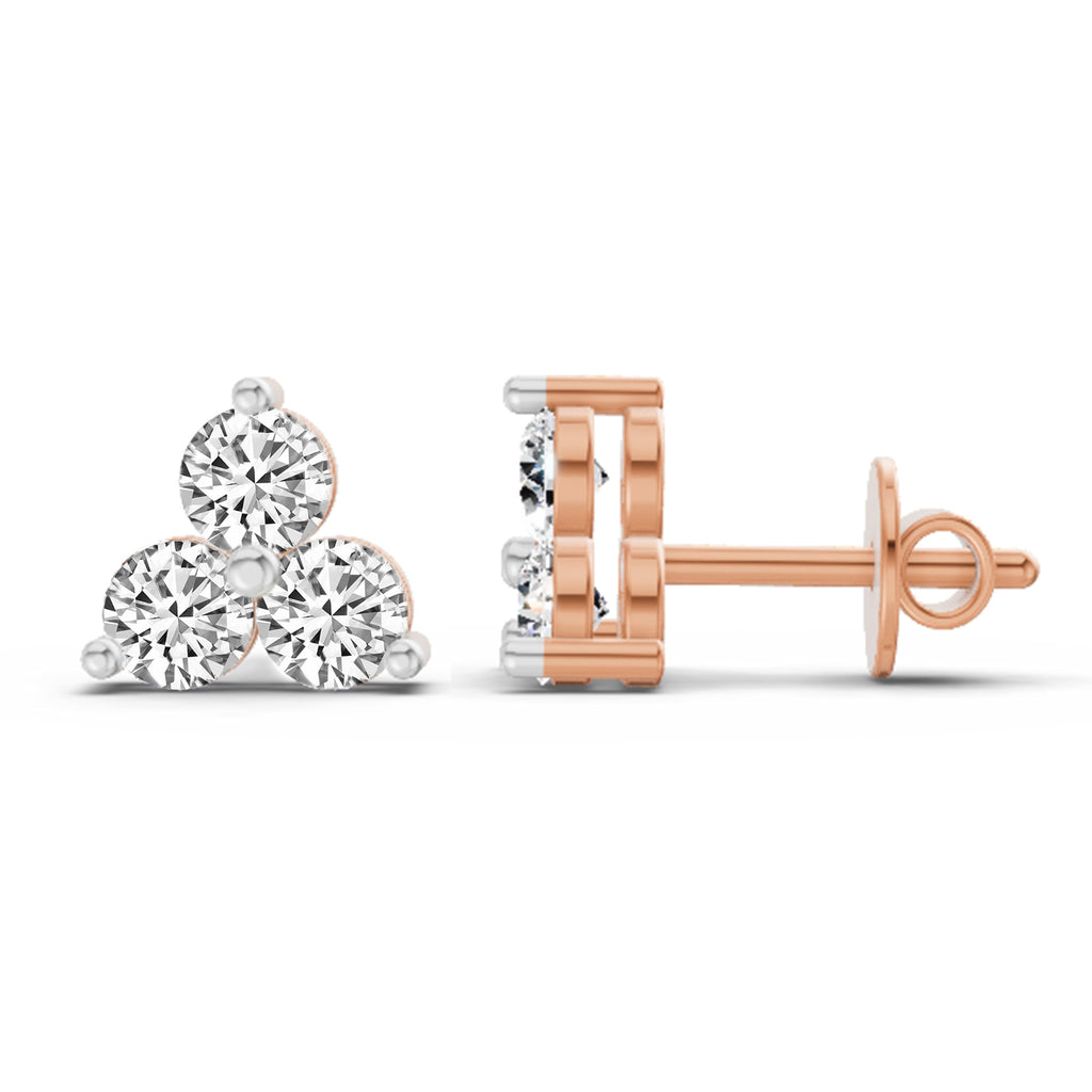 1 Ct  Round Shape Diamond 3 Stone Stud Earrings | 14K Rose Gold