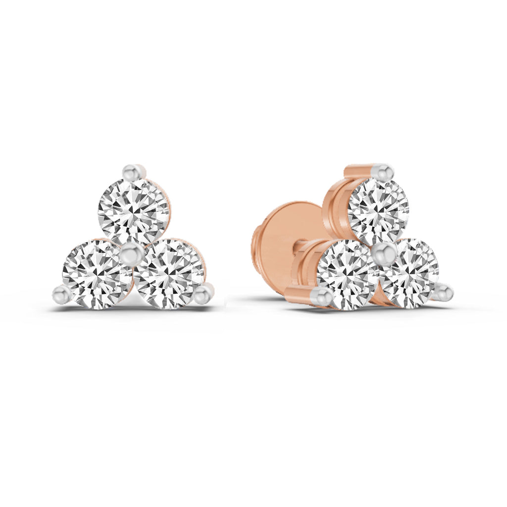 1 Ct  Round Shape Diamond 3 Stone Stud Earrings | 14K Rose Gold