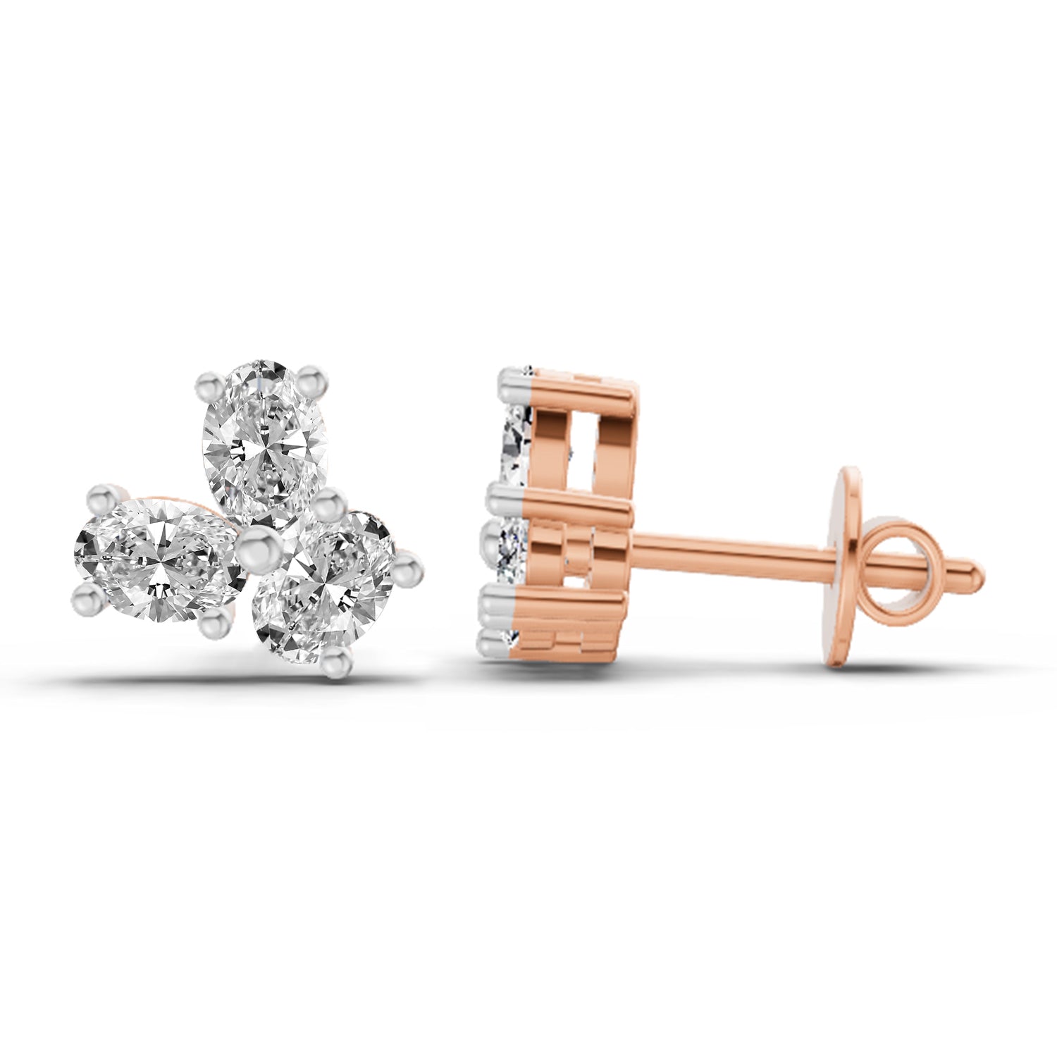 1 Ct  Oval Shape 3 Stone Diamond Stud Earrings | 14K Rose Gold