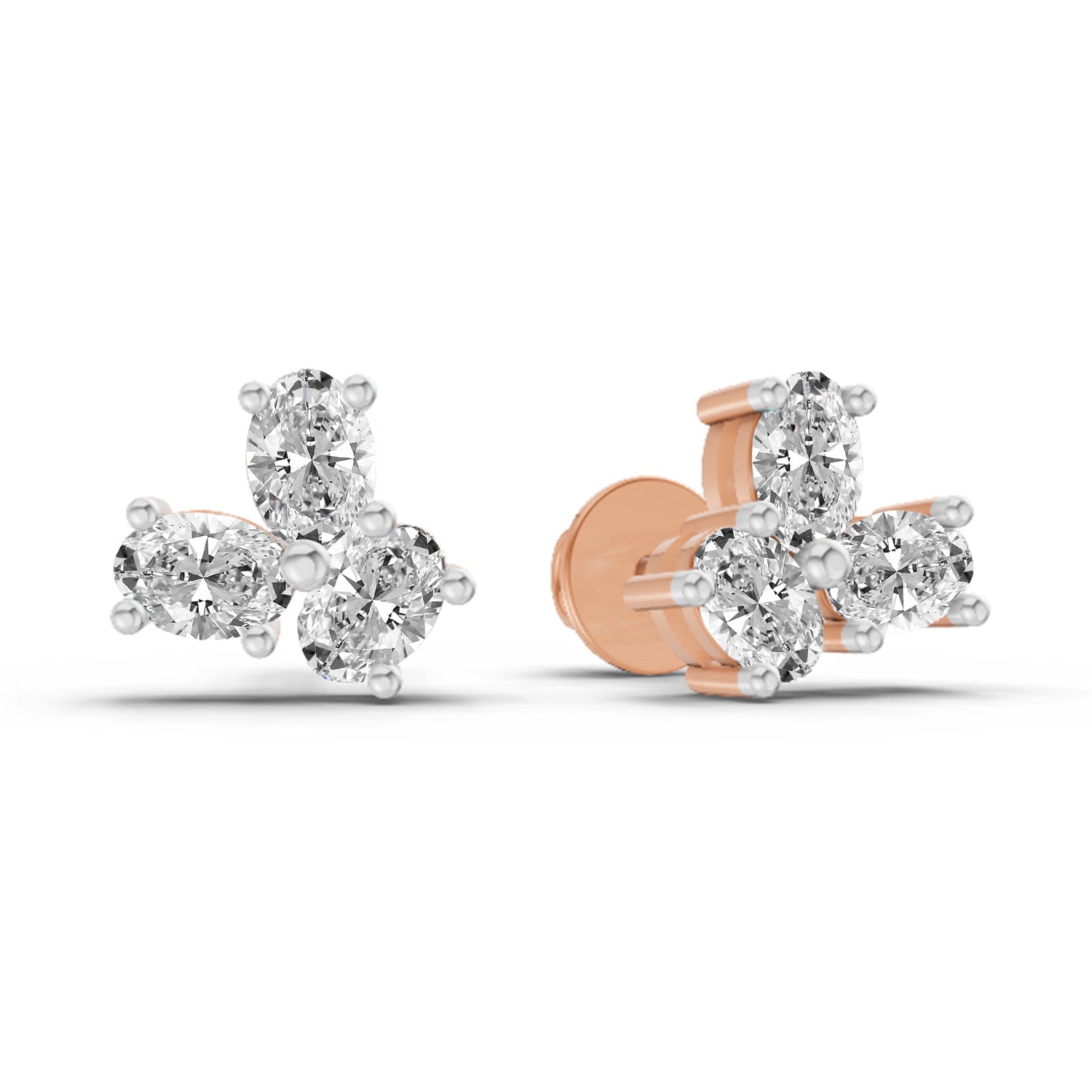 1 Ct  Oval Shape 3 Stone Diamond Stud Earrings | 14K Rose Gold