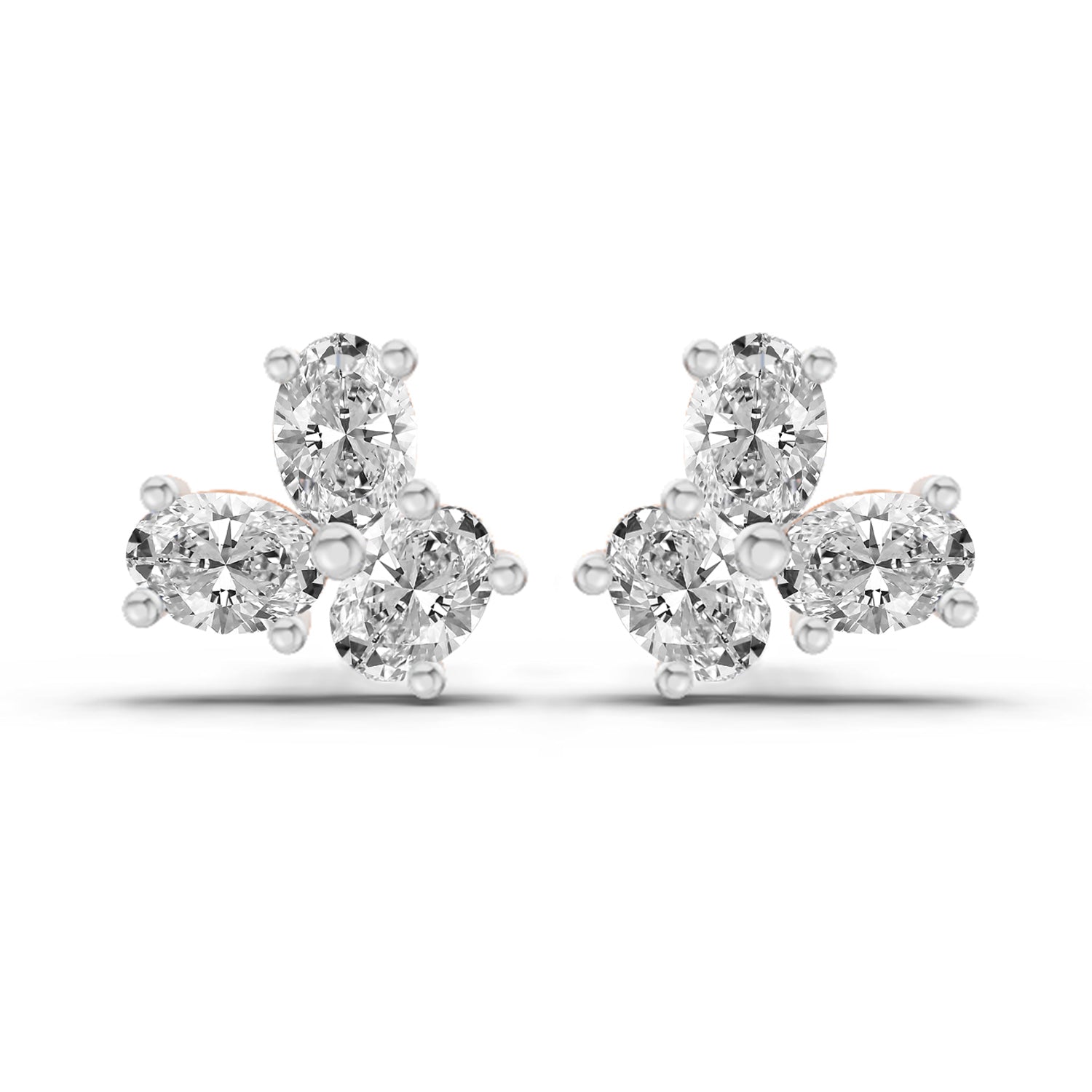 1 Ct  Oval Shape 3 Stone Diamond Stud Earrings | 14K Rose Gold