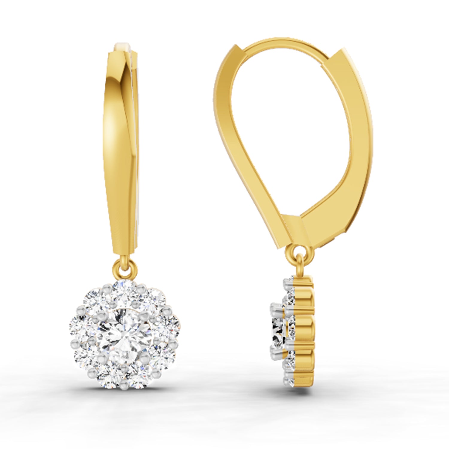 0.90 Ct  Round Shape Diamond Halo Drop Earrings | 14K Yellow Gold