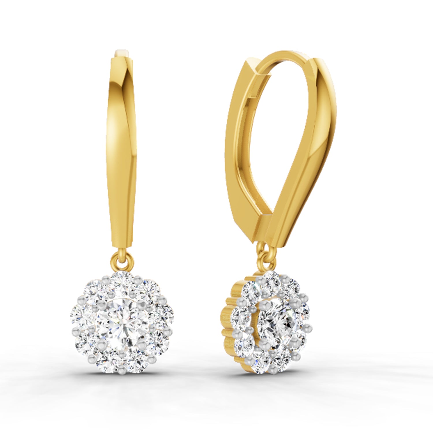 0.90 Ct  Round Shape Diamond Halo Drop Earrings | 14K Yellow Gold