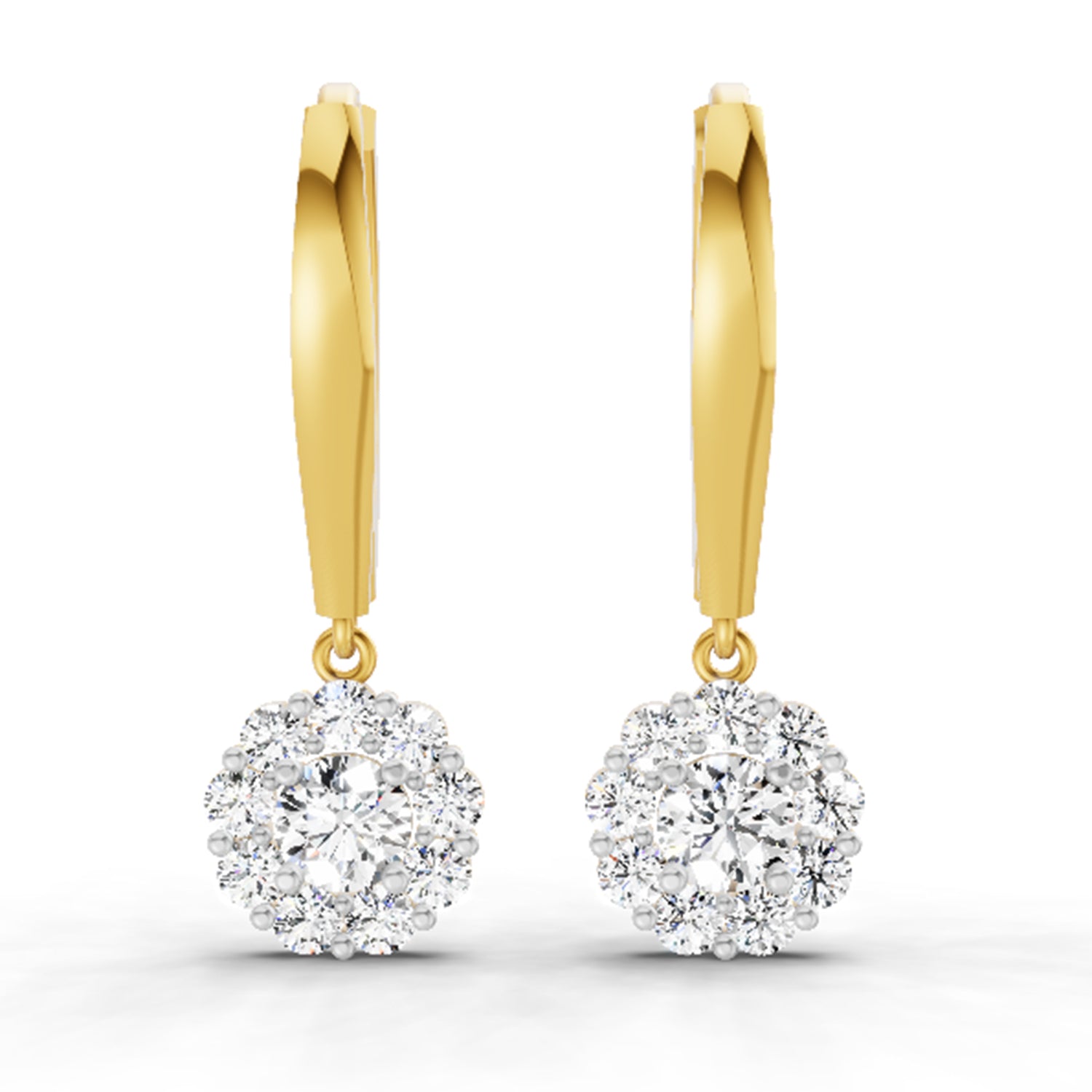 0.90 Ct  Round Shape Diamond Halo Drop Earrings | 14K Yellow Gold