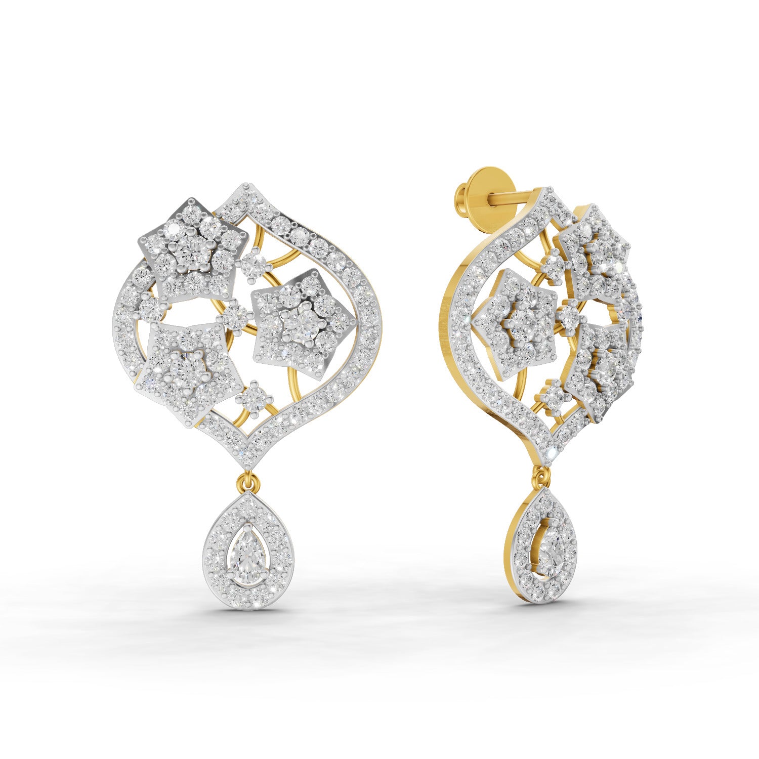 2.85 Carat IGI Certified Round & Pear Shape F-G VS Quality Diamond | 925 Sterling Silver Gold Plated Fashion Earrings