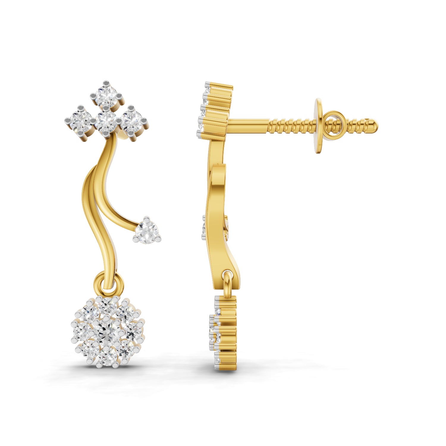 0.38 Carat Round Shape | 925 Sterling Silver Gold Plated Floral Vine Drop Stud Earrings