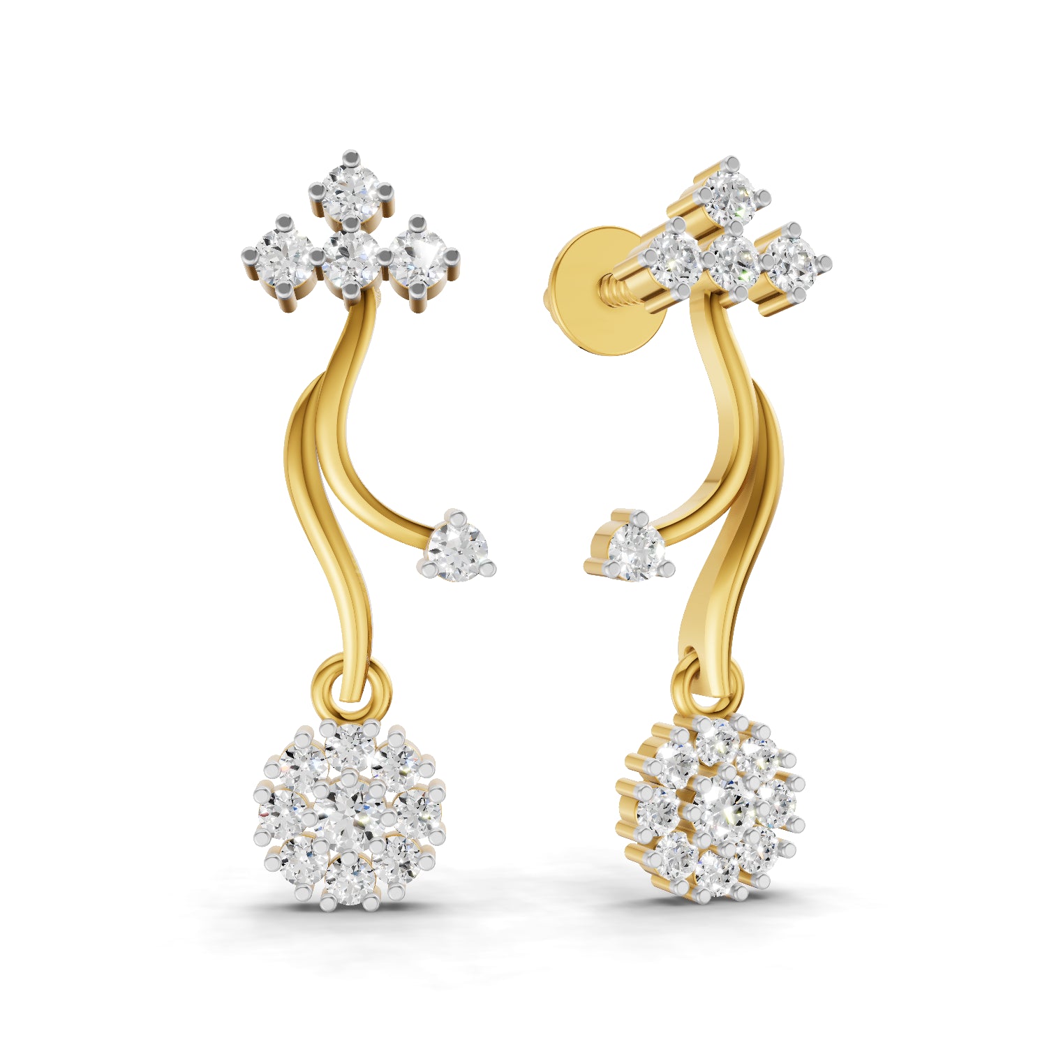 0.38 Carat Round Shape | 925 Sterling Silver Gold Plated Floral Vine Drop Stud Earrings