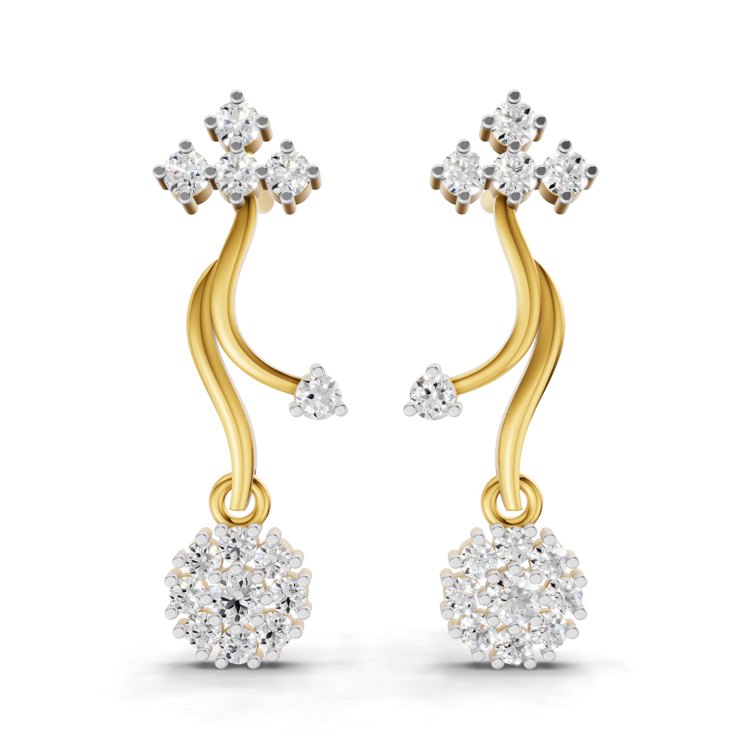 0.38 Carat Round Shape | 925 Sterling Silver Gold Plated Floral Vine Drop Stud Earrings