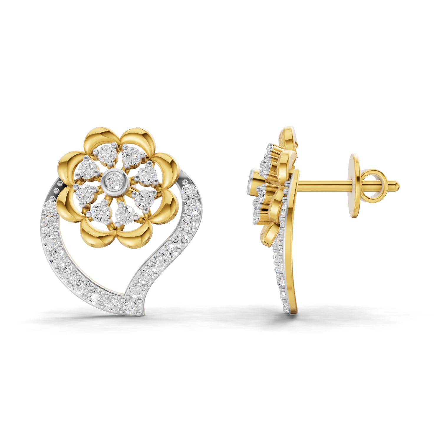 0.58 Carat  | 925 Sterling Silver Gold Plated Floral Heart Earrings