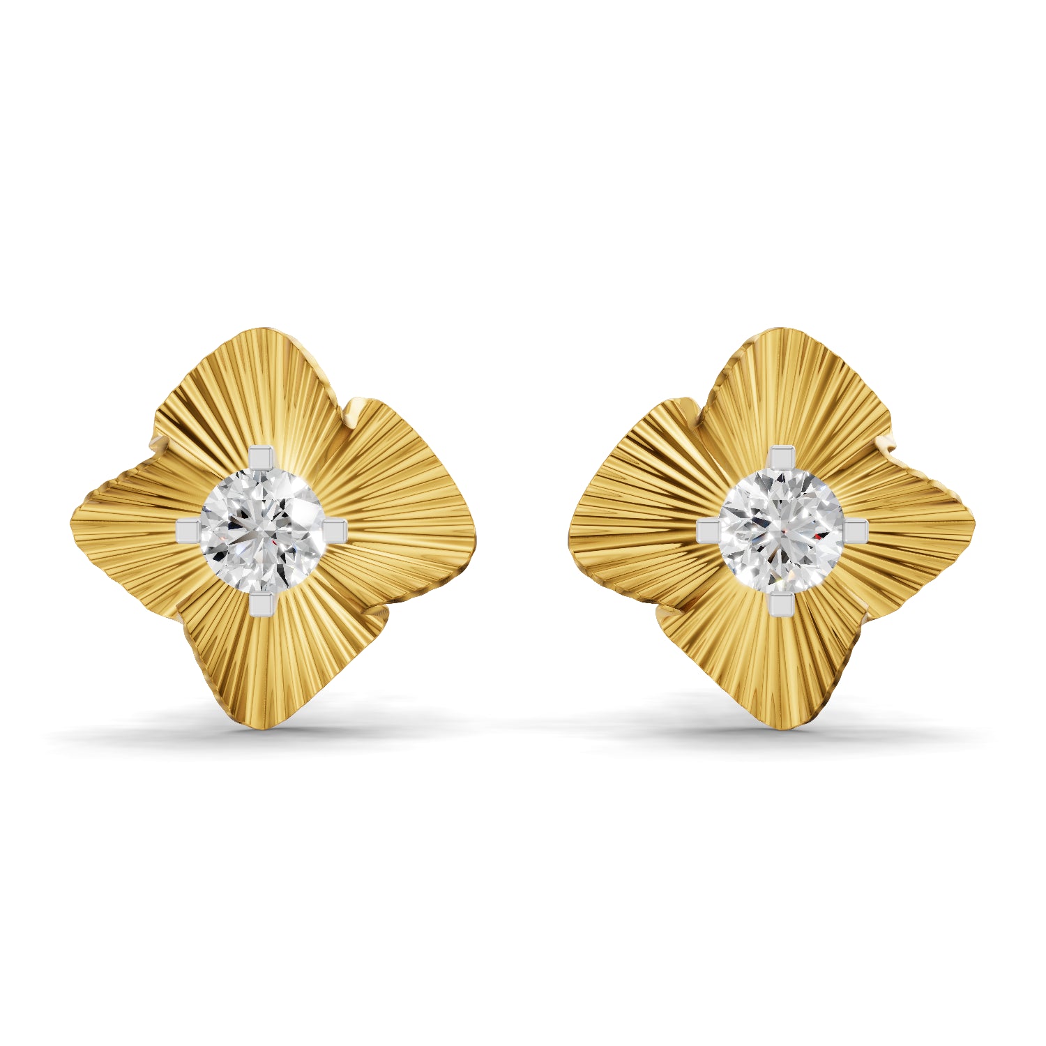 0.49 Carat Round Shape | 925 Sterling Silver Gold Plated Textured Sunburst Stud Earrings