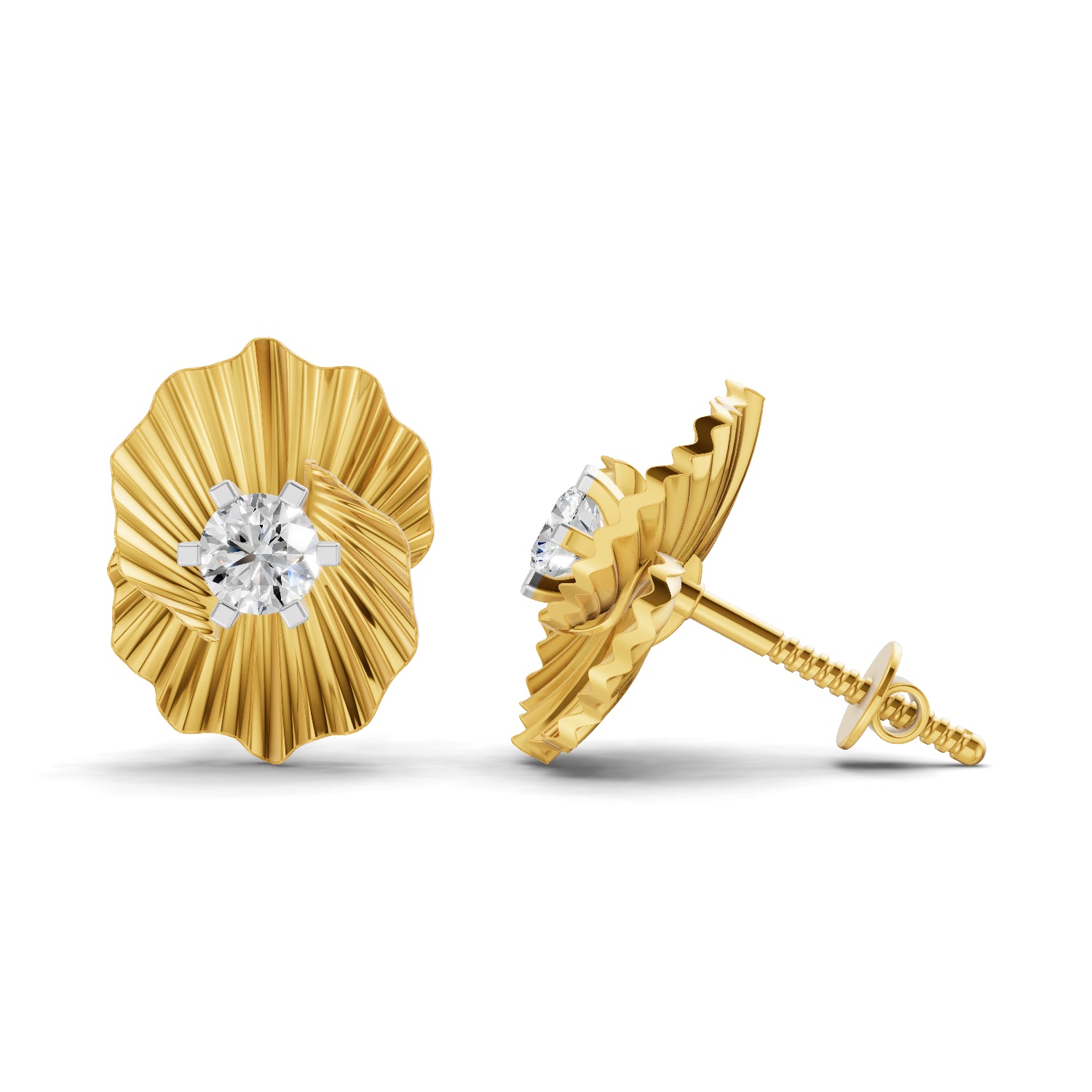 0.49 Carat Round Shape | 925 Sterling Silver Gold Plated Ruffled Gold Diamond Stud Earrings