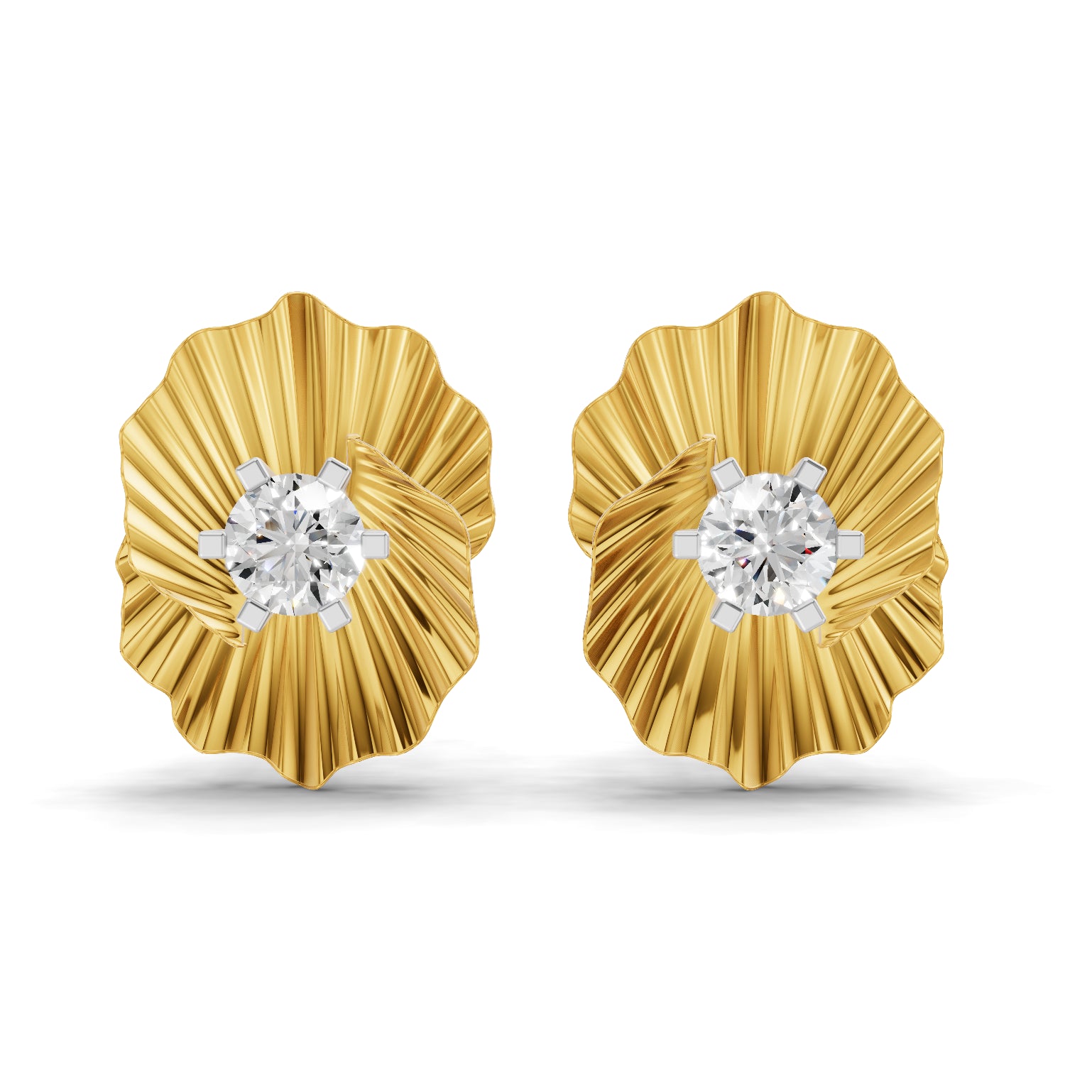0.49 Carat Round Shape | 925 Sterling Silver Gold Plated Ruffled Gold Diamond Stud Earrings