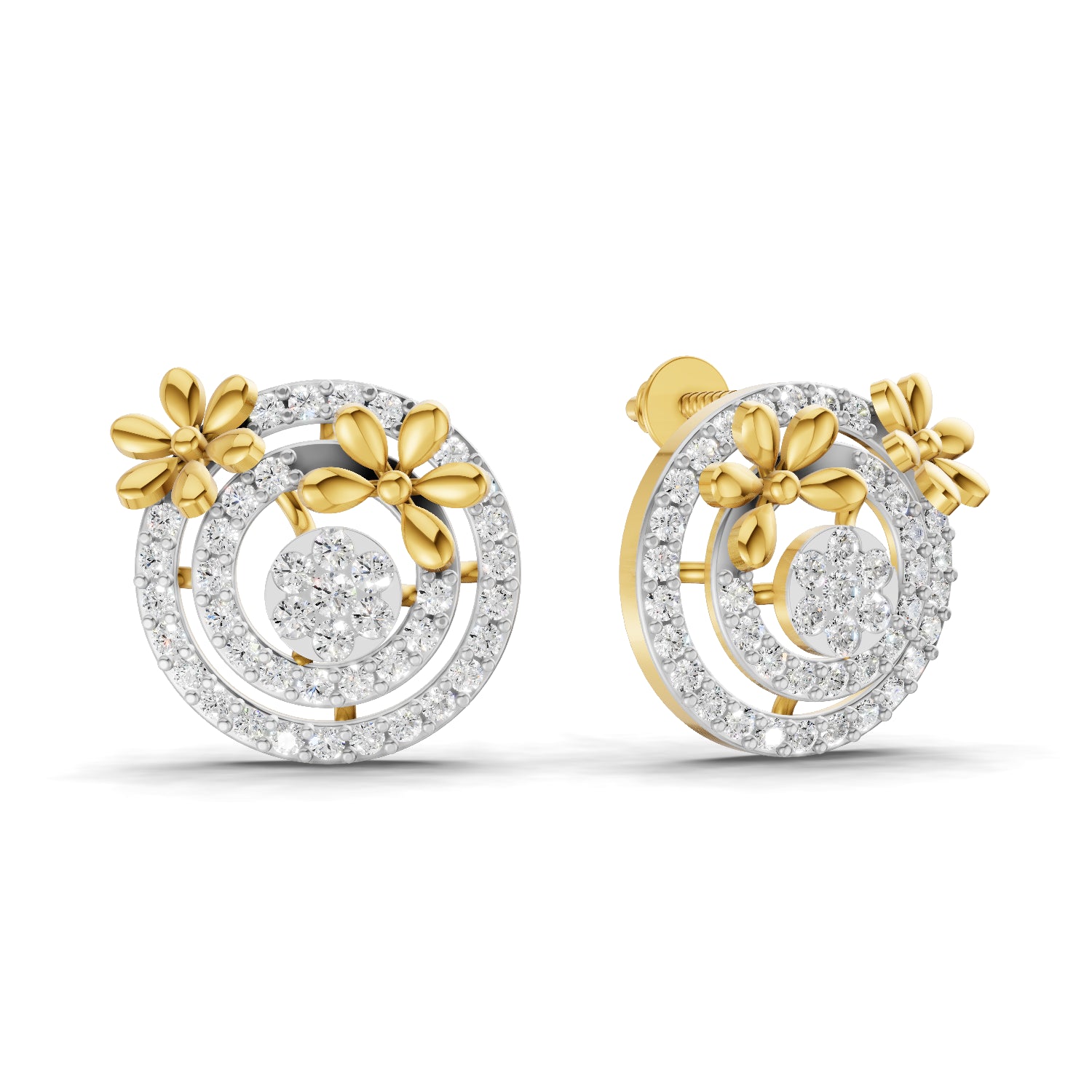 1.04 Carat | 925 Sterling Silver Gold Plated Floral and Circle Diamond Earrings
