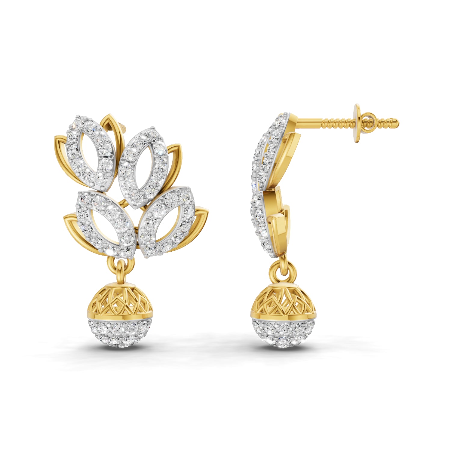 1.62 Carat | 925 Sterling Silver Gold Plated Leaf and Ball Earrings