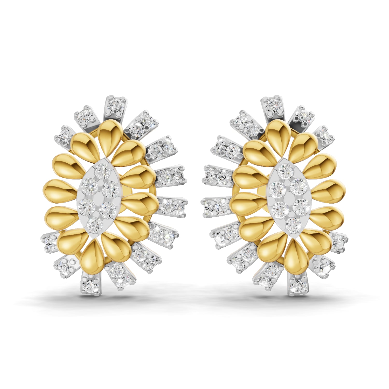 0.44 Carat Round Shape | 925 Sterling Silver Gold Plated Two-Tone Floral Cluster Stud Earrings