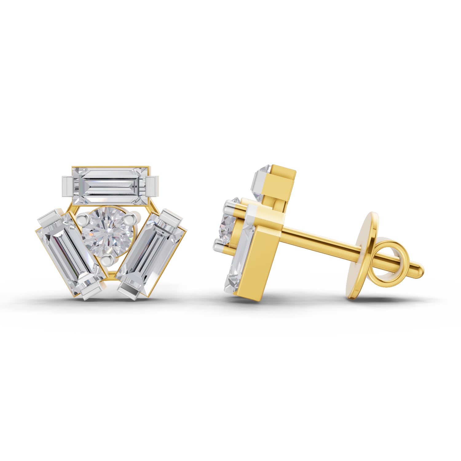 0.67 Carat IGI Certified Round & Baguette Shape F-G VS Quality Diamond | 925 Sterling Silver Yellow Gold Plated Fashion Earrings