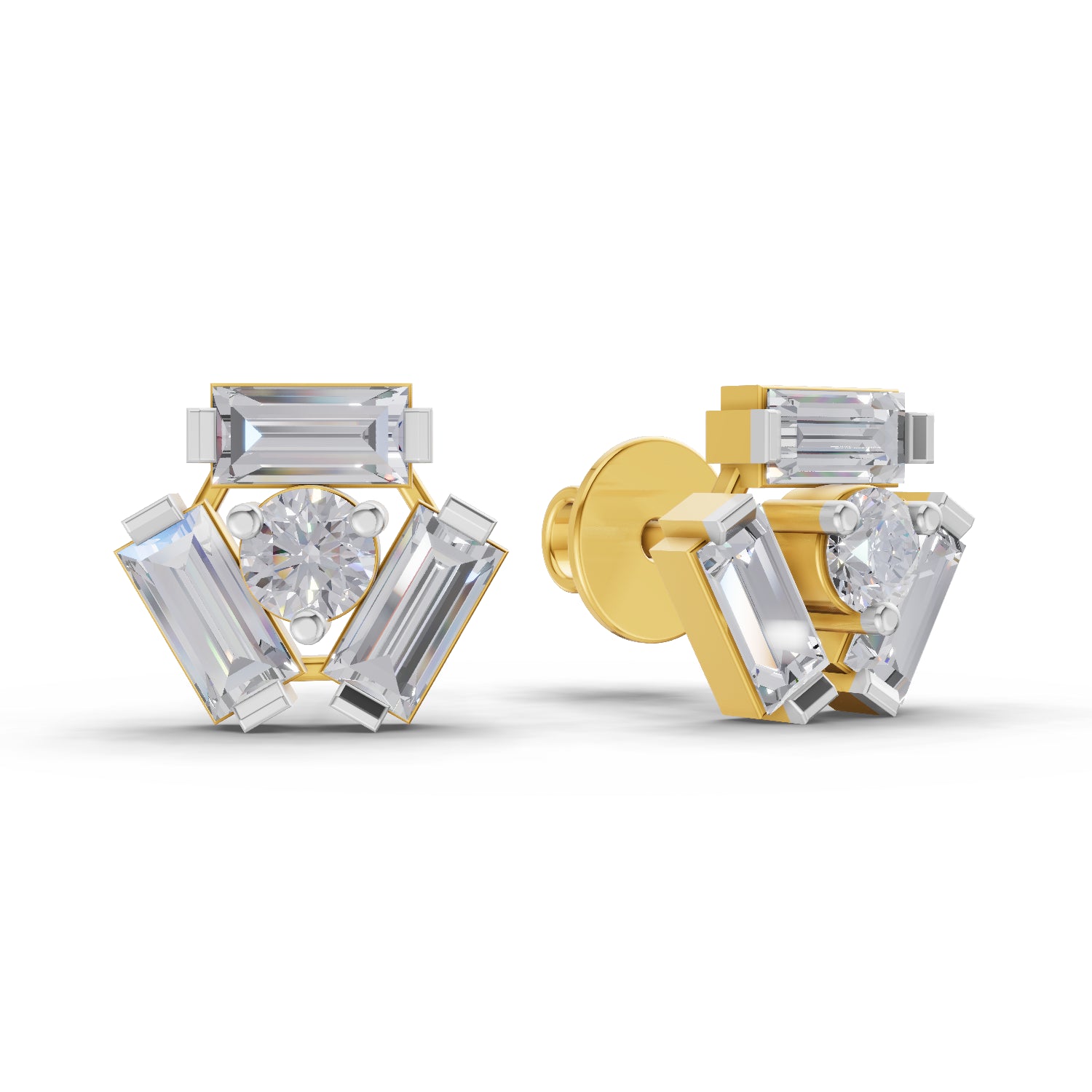 0.67 Carat IGI Certified Round & Baguette Shape F-G VS Quality Diamond | 925 Sterling Silver Yellow Gold Plated Fashion Earrings