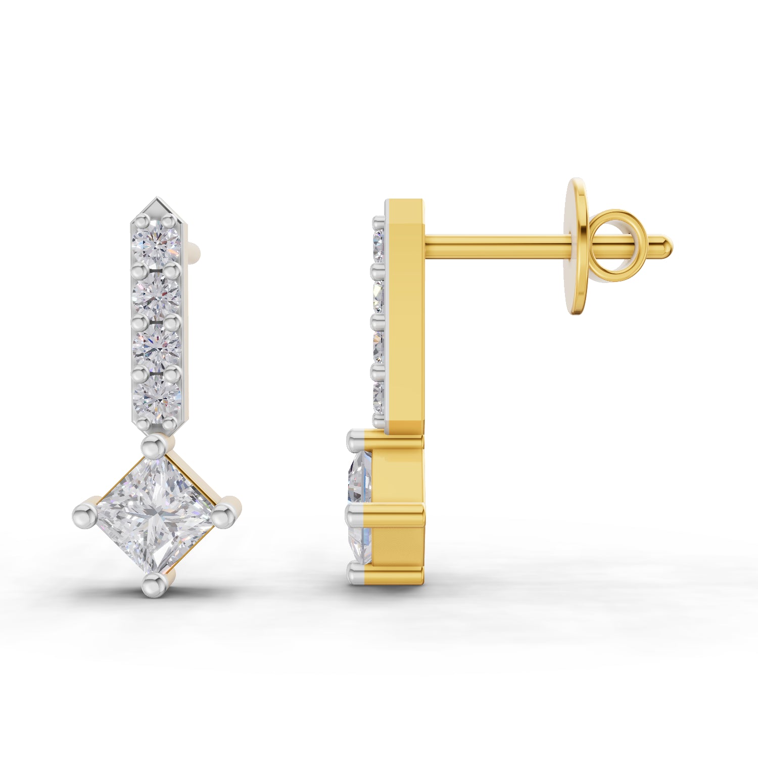 0.7 Carat IGI Certified Round & Princess Shape F-G VS Quality Diamond | 925 Sterling Silver Yellow Gold Plated Fashion Earrings