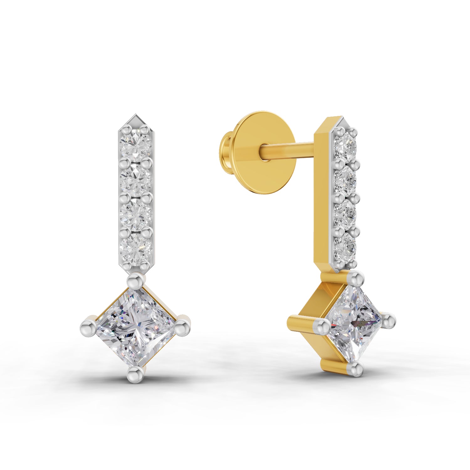 0.7 Carat IGI Certified Round & Princess Shape F-G VS Quality Diamond | 925 Sterling Silver Yellow Gold Plated Fashion Earrings