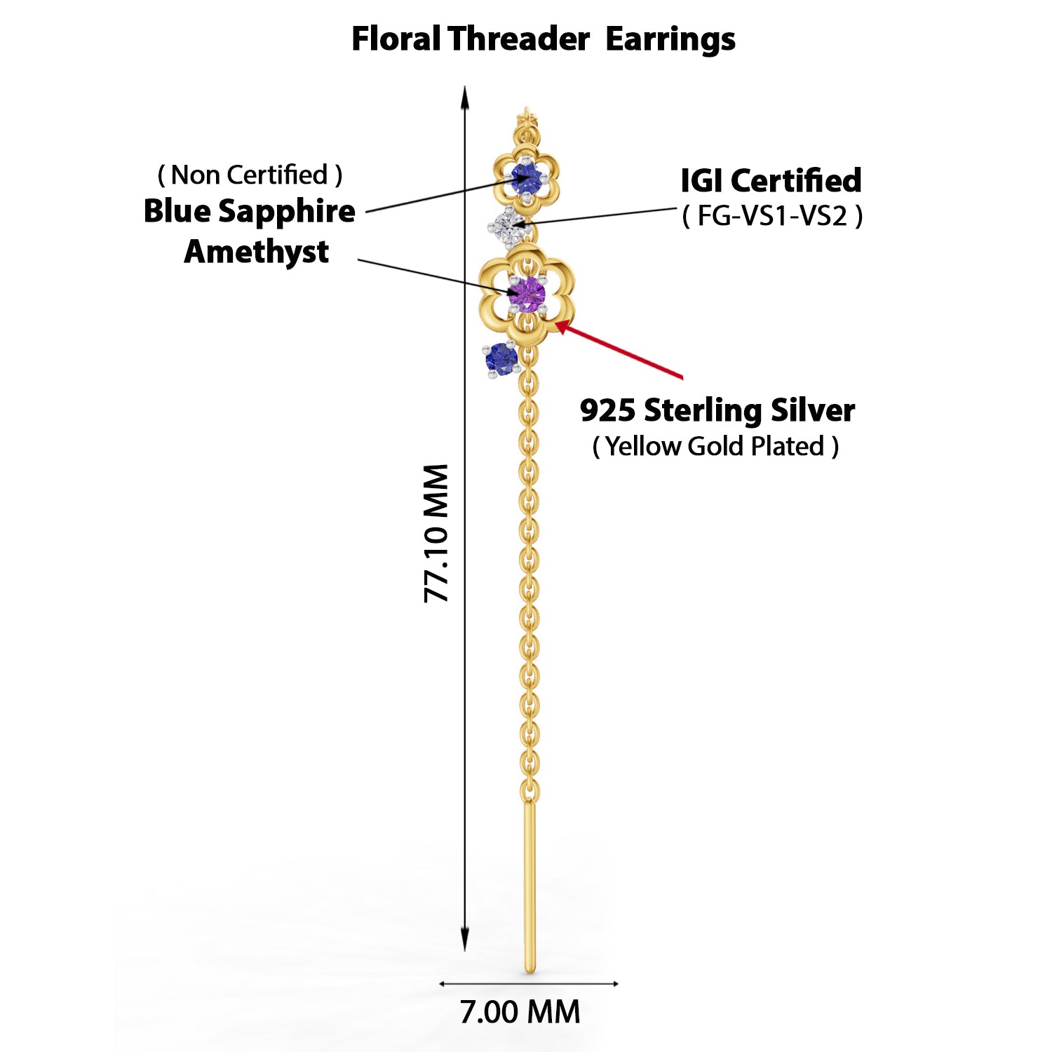 0.09 Carat | 925 Sterling Silver Yellow Gold Plated Floral Threader Earrings