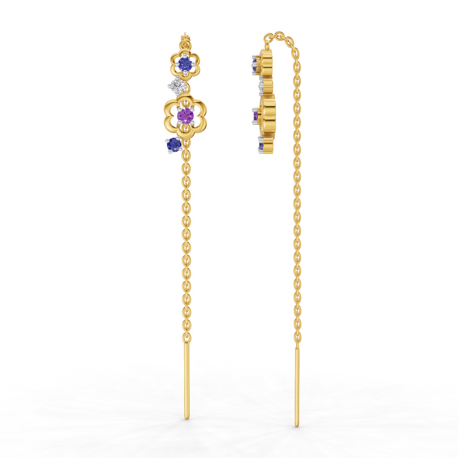 0.09 Carat | 925 Sterling Silver Yellow Gold Plated Floral Threader Earrings