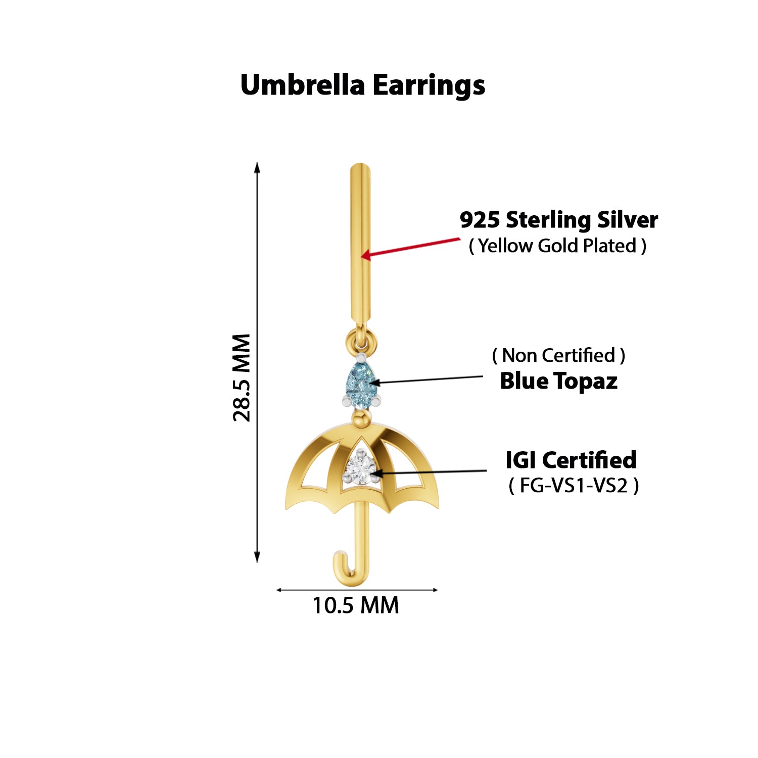 0.05 Carat  | 925 Sterling Silver Yellow Gold Plated Umbrella Earrings