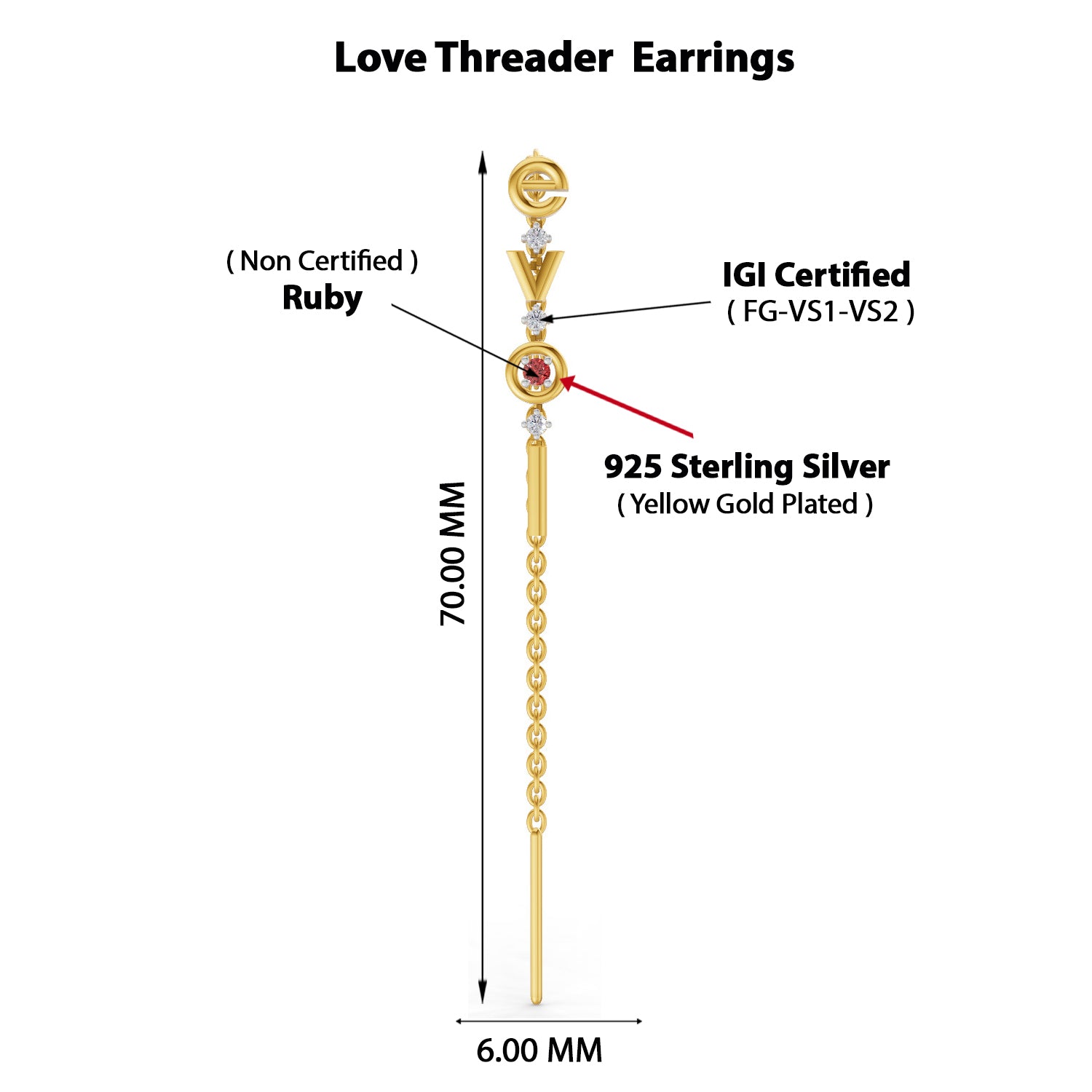 0.07 Carat | 925 Sterling Silver Yellow Gold Plated Love Threader Earrings