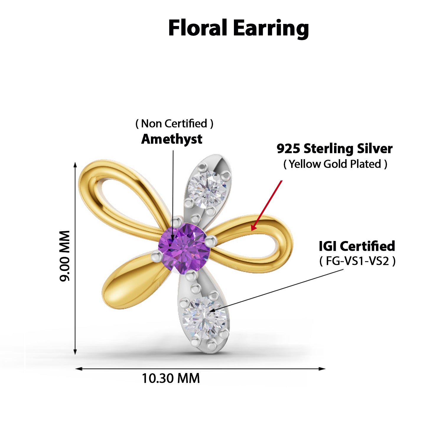 0.05 Carat | 925 Sterling Silver Yellow Gold Plated Floral Earrings
