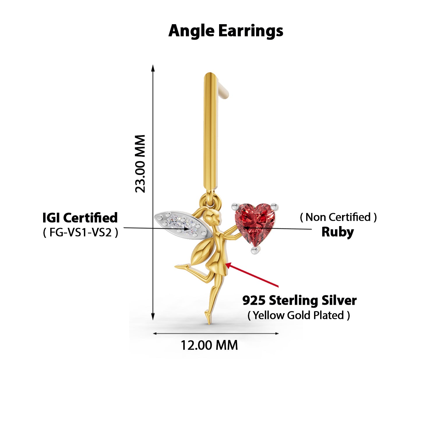 0.04 Carat | 925 Sterling Silver Yellow Gold Plated Angle Earrings