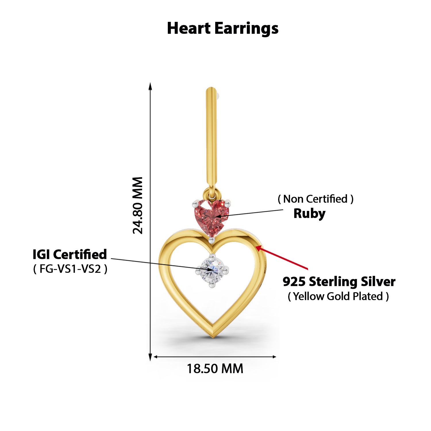 0.15 Carat | 925 Sterling Silver Yellow Gold Plated Heart Earrings