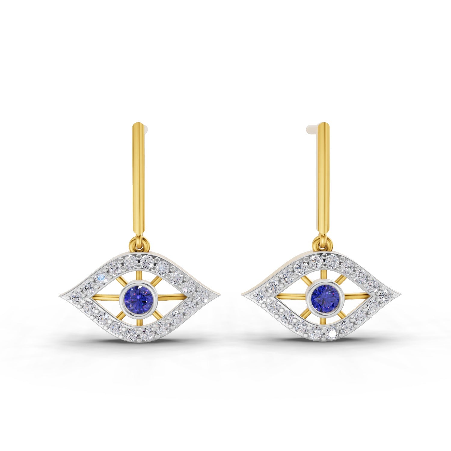 0.43 Carat Round Shape | 925 Sterling Silver Gold Plated Nazar Amulet Drop Stud Earrings