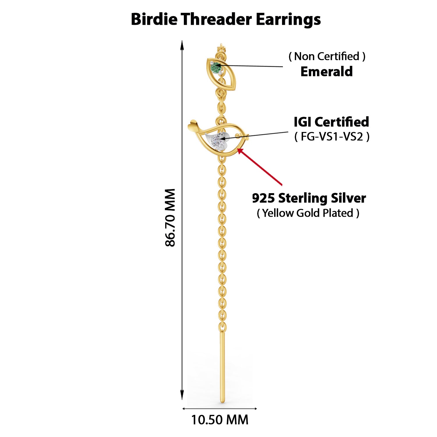 0.06 Carat | 925 Sterling Silver Yellow Gold Plated Birdie Threader Earrings