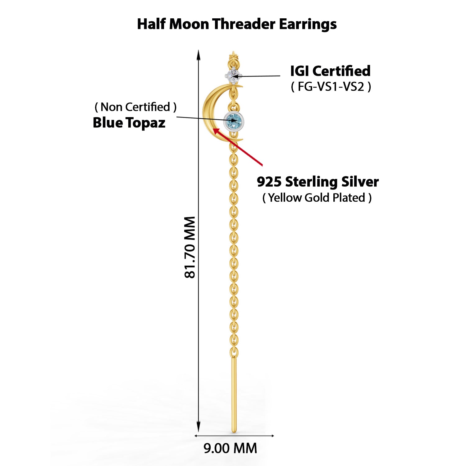 0.07 Carat | 925 Sterling Silver Yellow Gold Plated Half Moon Threader Earrings