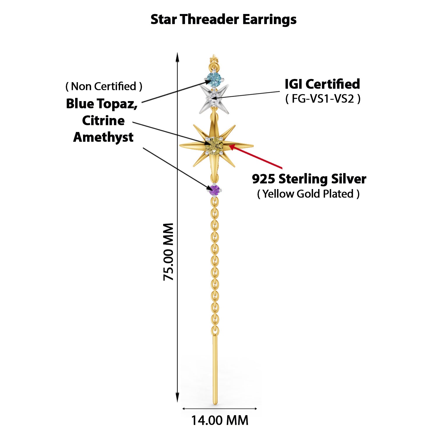 0.08 Carat | 925 Sterling Silver Yellow Gold Plated Star Threader Earrings