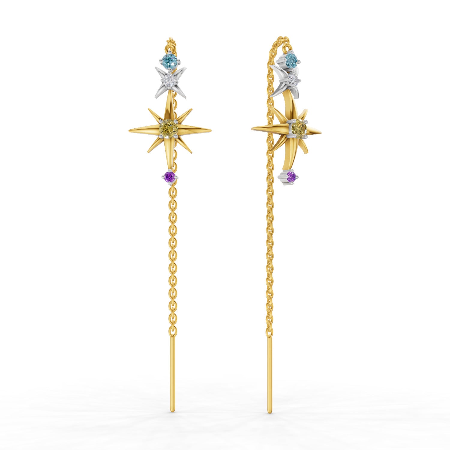 0.08 Carat | 925 Sterling Silver Yellow Gold Plated Star Threader Earrings